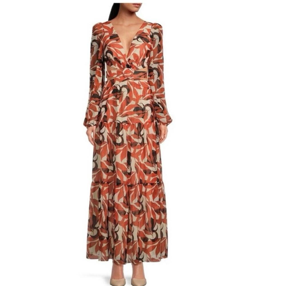 Gianni Bini NWT Brown Copper Palm Print Long Sleeve Maxi Dress Size 2